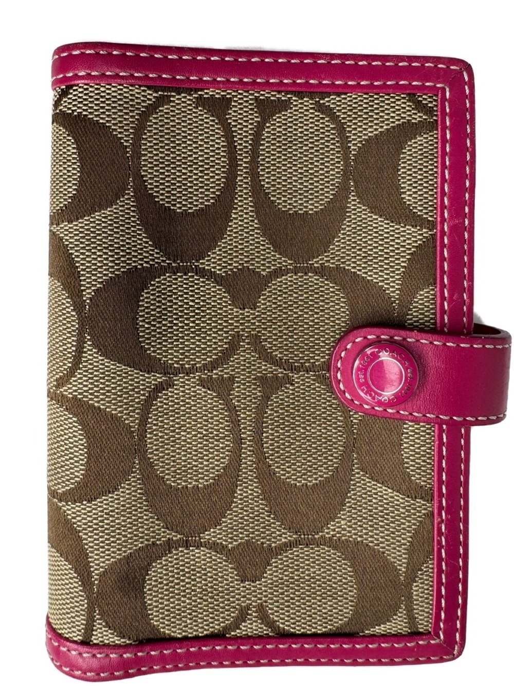 Coach Y2K Signature C Brown Fabric And Pink Trim Small Agenda Address Book